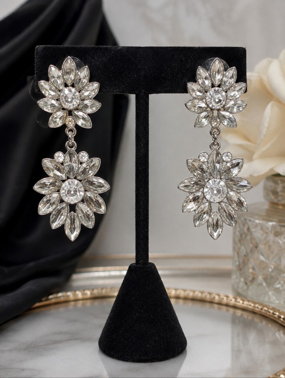 Crystal Rhinestone Floral Drop Earrings Silver Tone Pierced 2.5" Statement - Picture 3 of 7